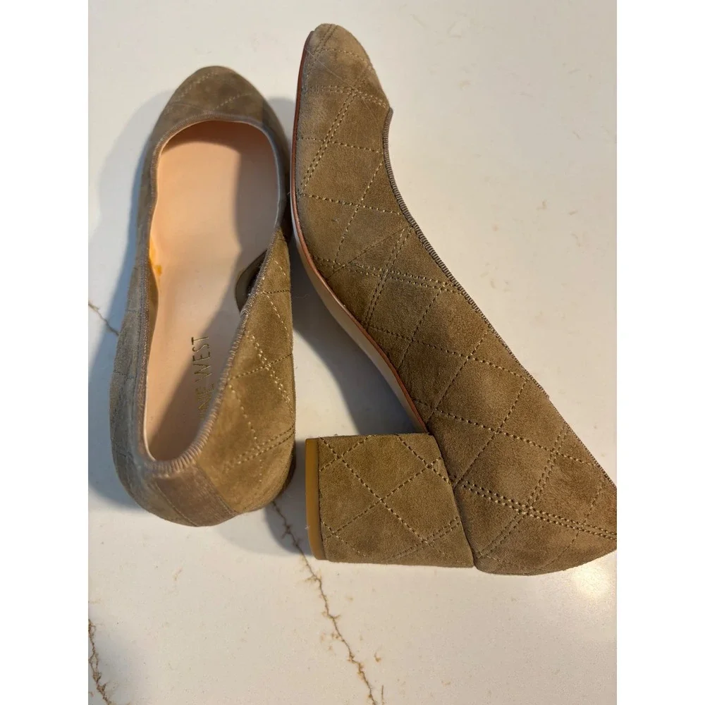 Nine West Womens Olive Tan Quilted Suede Block Heel Pumps Round Toe Size 6.5M